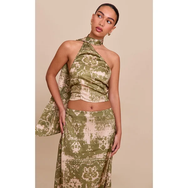 Khaki Printed Satin Scarf Detail Crop Top