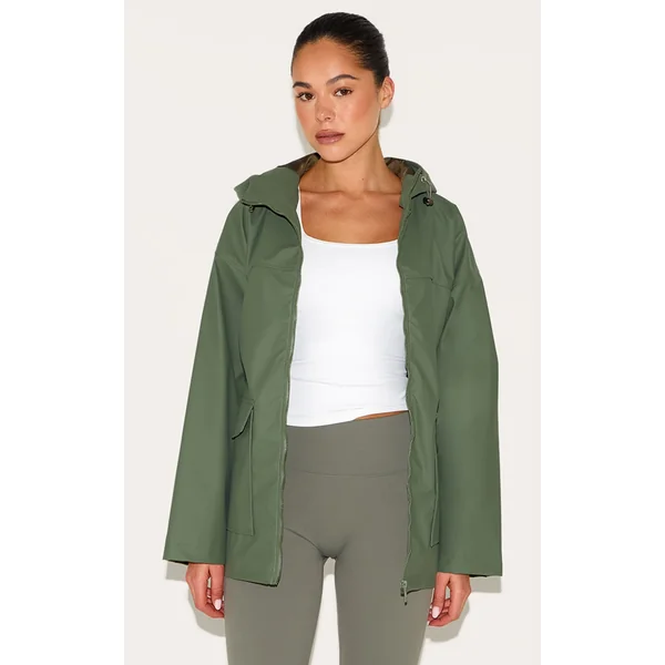 Khaki Rubberised Zip Up Jacket With Hood