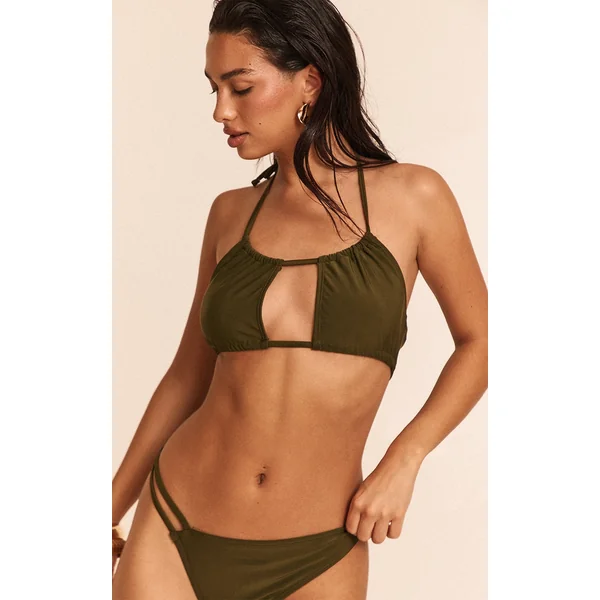Khaki Ruched Halter Neck Bikini Top