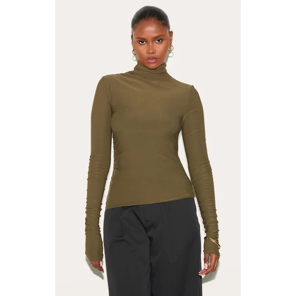 Khaki Soft Touch High Neck Ruched Sleeve Top