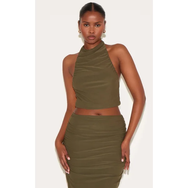 Khaki Soft Touch Ruched Halter Crop Top
