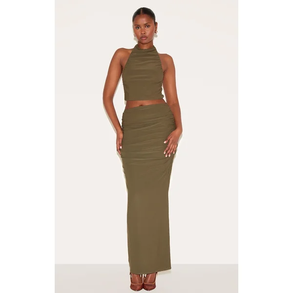 Khaki Soft Touch Ruched Maxi Skirt
