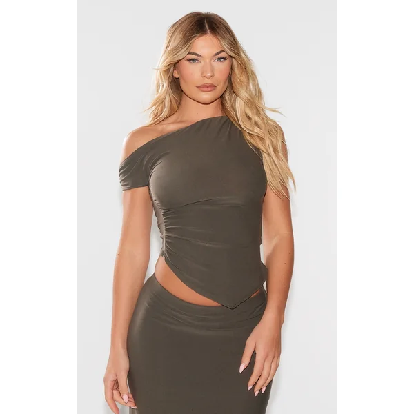 Khaki Soft Touch Sleeveless Asymmetric Hem Top