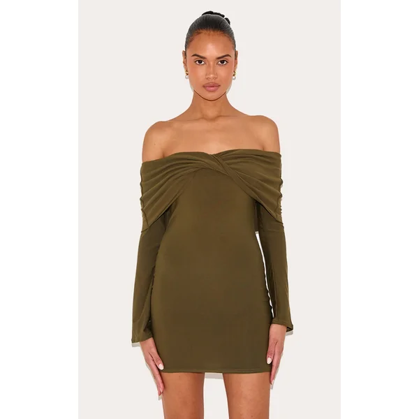Khaki Soft Touch Twist Detail Bardot Bodycon Dress