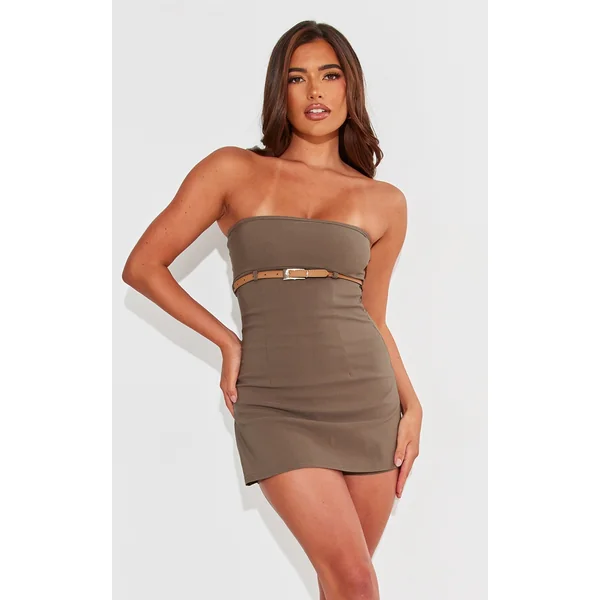 Khaki Stretch Woven Belt Front Skort Romper