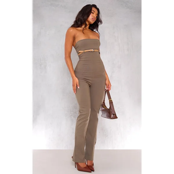 Khaki Stretch Woven Belted Bandeau Jumpsuit