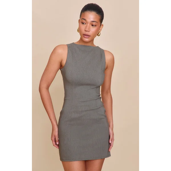 Khaki Stretch Woven Boat Neck Shift Dress