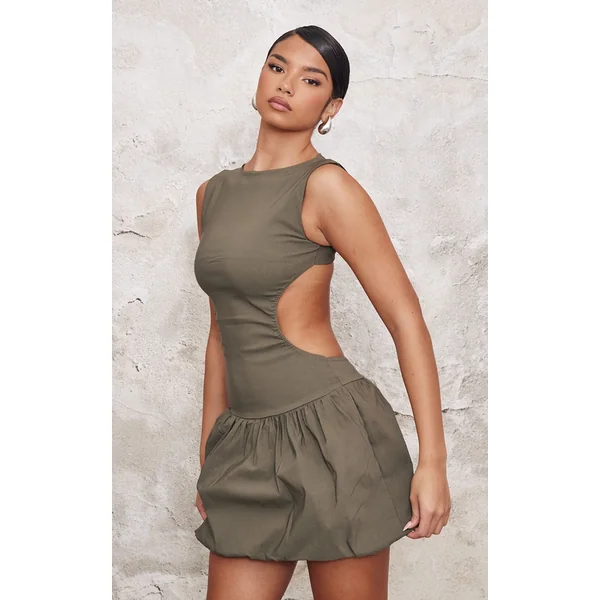 Khaki Stretch Woven Cut Out Backless Shift Dress