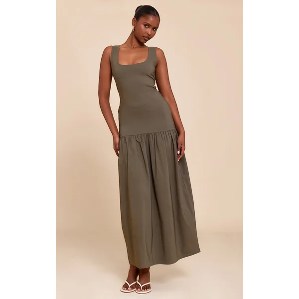 Khaki Stretch Woven Drop Waist Maxi Dress