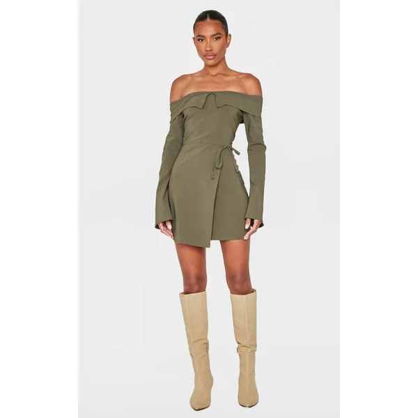 Khaki Stretch Woven Fold Bardot Wrap Dress