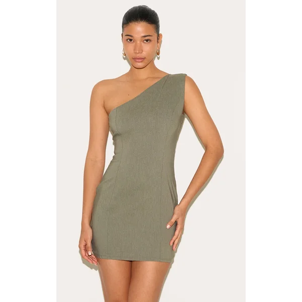 Khaki Stretch Woven One Shoulder Bodycon Mini Dress