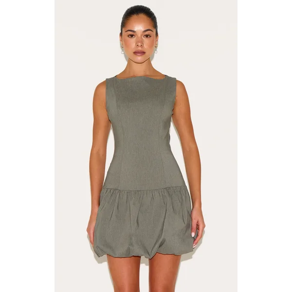 Khaki Stretch Woven Puffball Dress