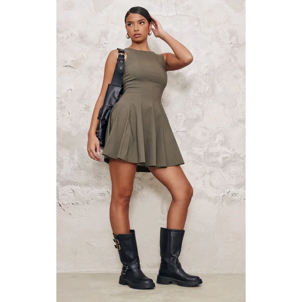 Khaki Stretch Woven Racer Pleated Shift Dress