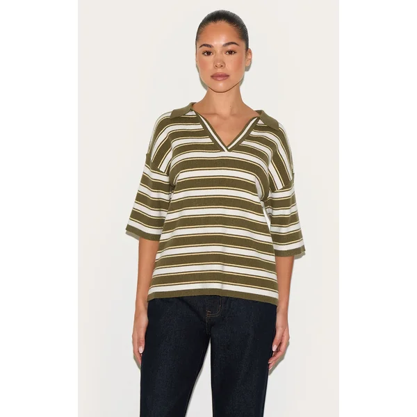 Khaki Stripe Soft Knit V Neck Collar Polo Top