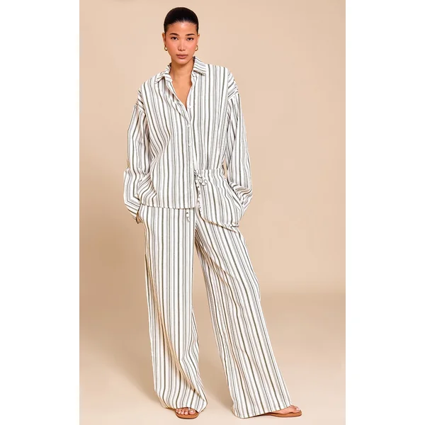 Khaki Striped Mid Rise Wide Leg Pants