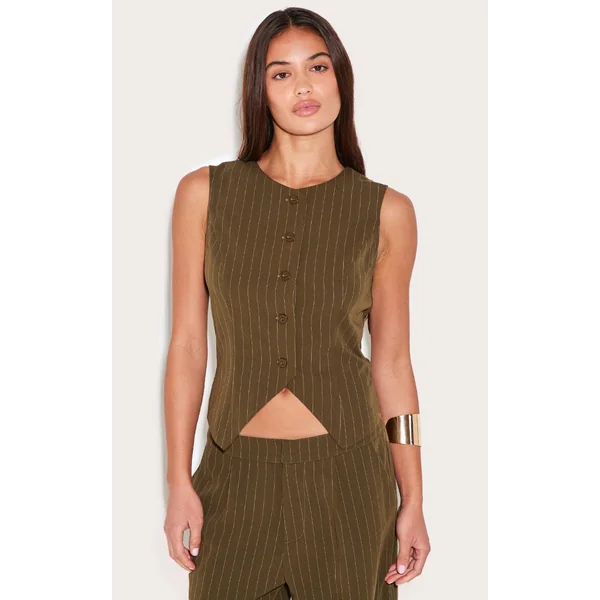 Khaki Tailored Woven Pinstripe Cinched Vest