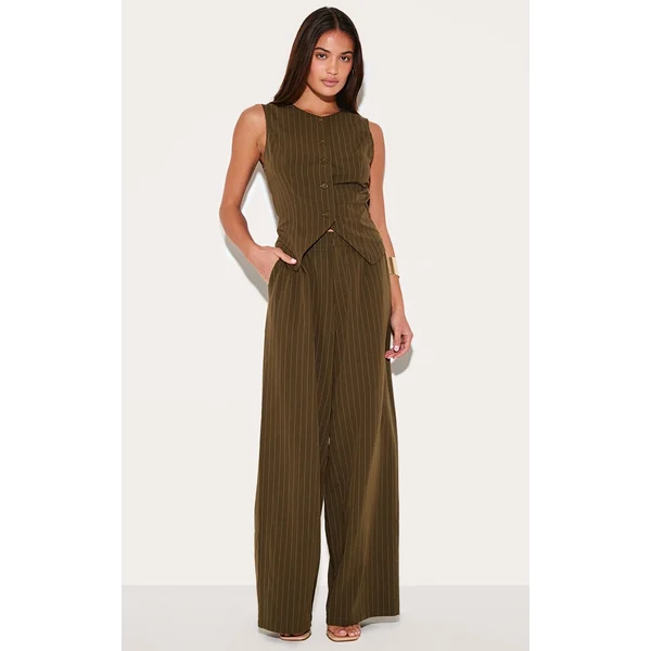 Khaki Tailored Woven Pinstripe Wide Leg Pants