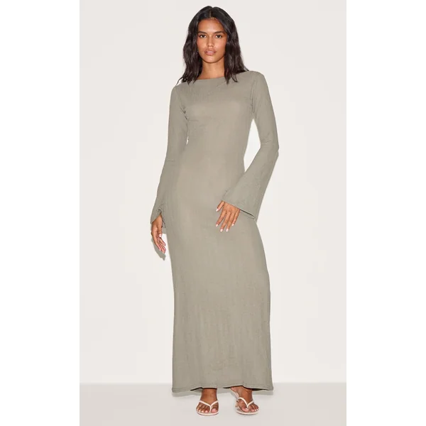 Khaki Textured Boat Neck Long Sleeve Bodycon Maxi Dress