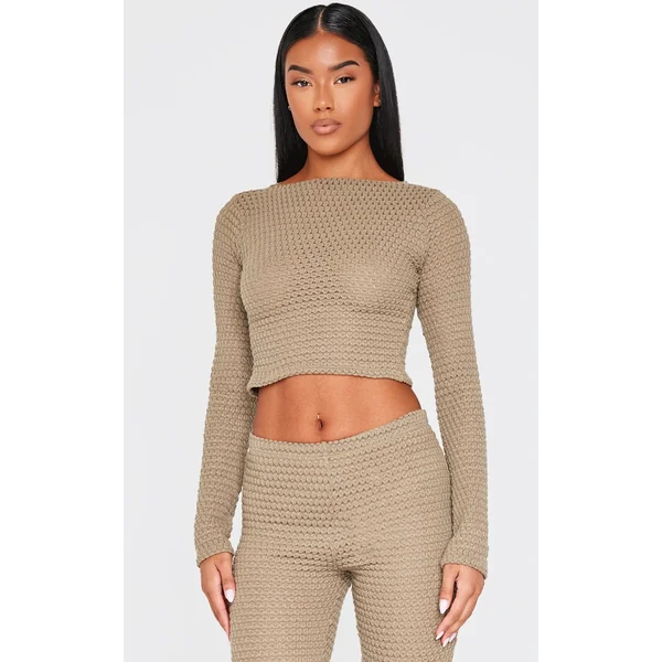 Khaki Textured Boat Neck Long Sleeve Top