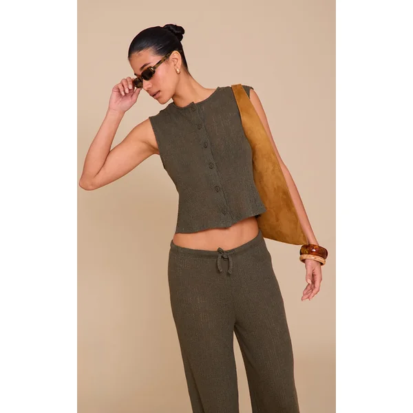 Khaki Textured Button Up Vest