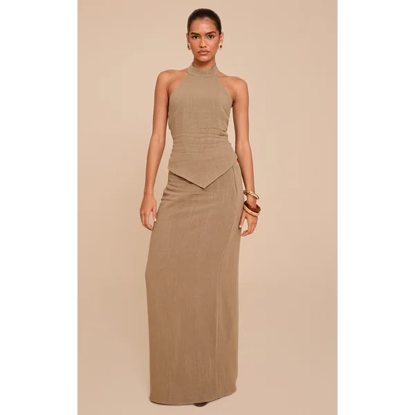 Khaki Textured Floaty Mid Rise Maxi Skirt