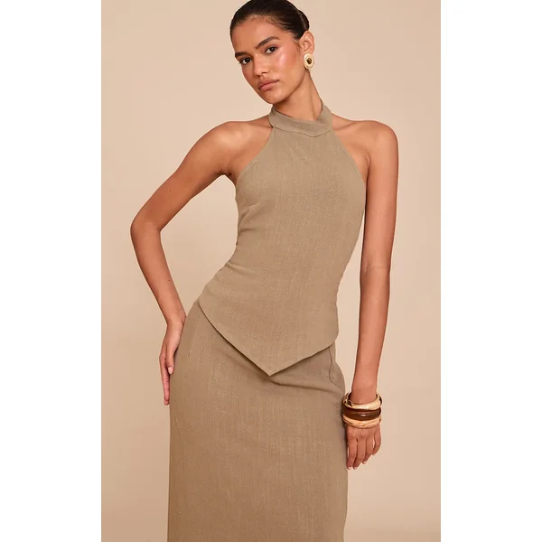 Khaki Textured Halterneck Tie Back Top