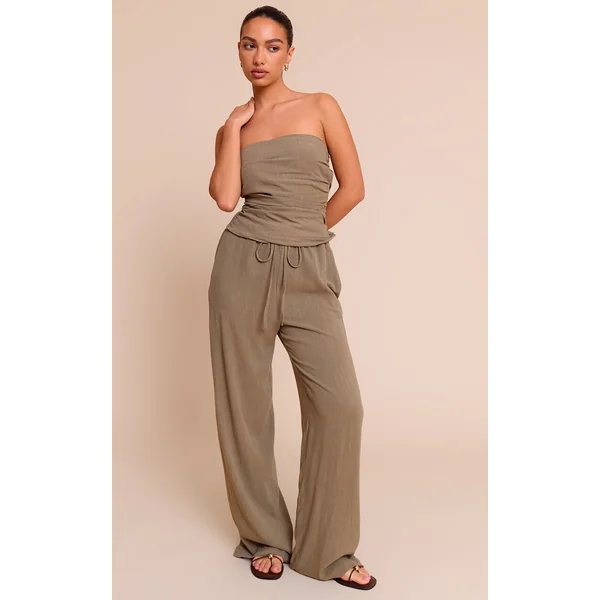 Khaki Textured Mid Rise Wide Leg Drawstring Pants