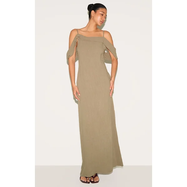 Khaki Textured Strappy Drape Detail Maxi Dress