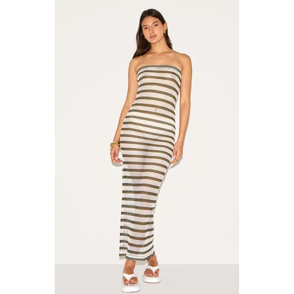 Khaki Textured Stripe Bandeau Maxi Dress