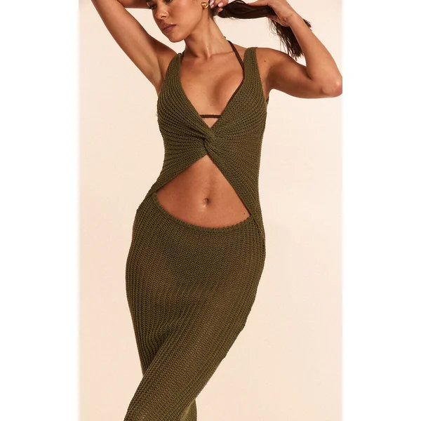 Khaki Textured Twist Front Cut Out Beach Dress