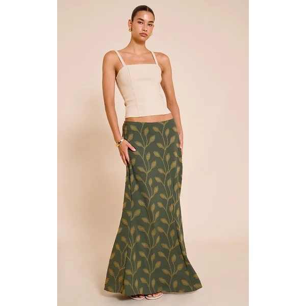Khaki Textured Woven Floaty Maxi Skirt