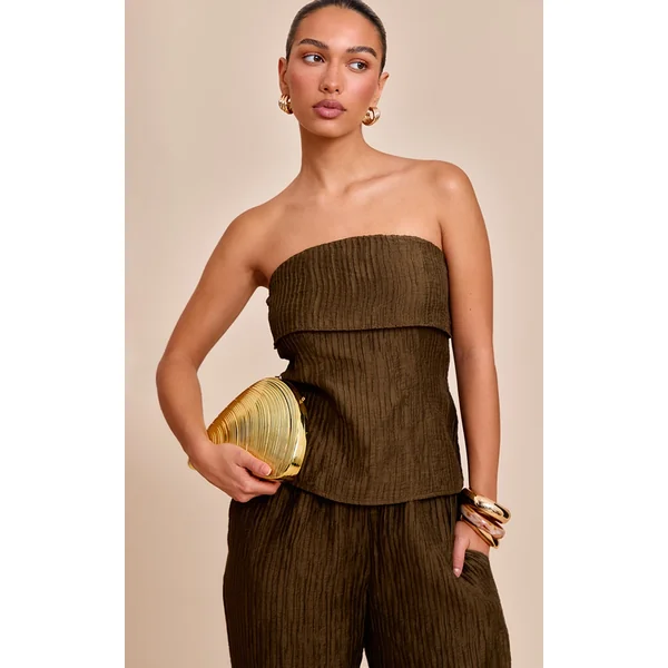 Khaki Textured Woven Fold Over Bandeau Top