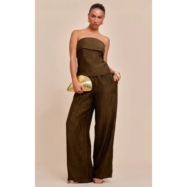 Khaki Textured Woven Mid Rise Wide Leg Pants