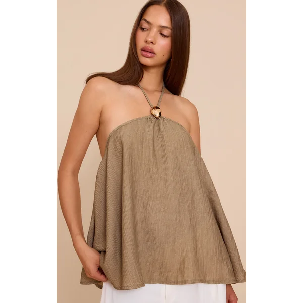 Khaki Textured Woven Trim Halterneck Top