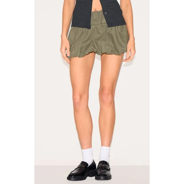 Khaki Twill Low Rise Puffball Mini Skirt