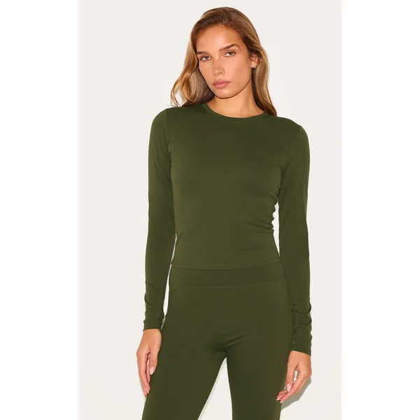 Khaki Ultimate Sculpt Long Sleeve Crop Gym Top