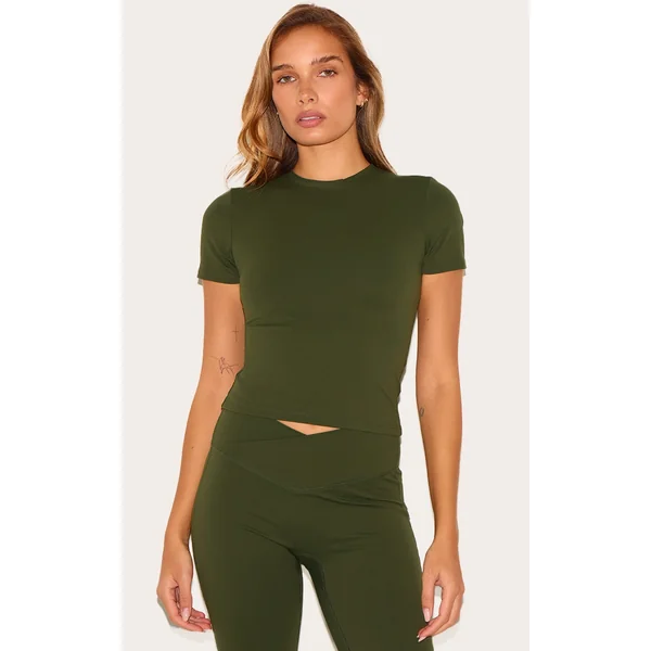 Khaki Ultimate Sculpt Longline Short Sleeve Gym Top