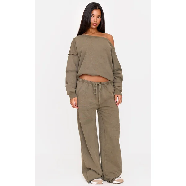 Khaki Washed Embossed Thin Waistband Wide Leg Sweatpants