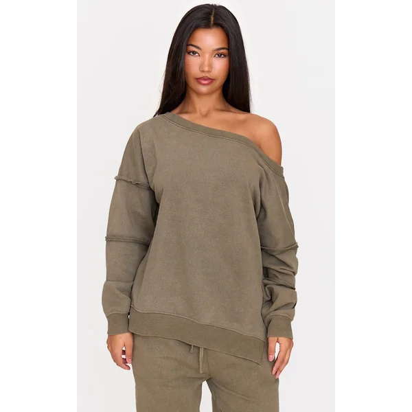Khaki Washed Off The Shoulder Frayed Seam Detail Sweatshirt