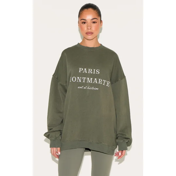 Khaki Washed Paris Montmarte Print Oversized Sweatshirt