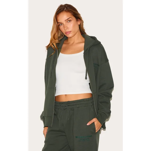 Khaki Wellness Premium Embroidered Zip Front Oversized Hoodie