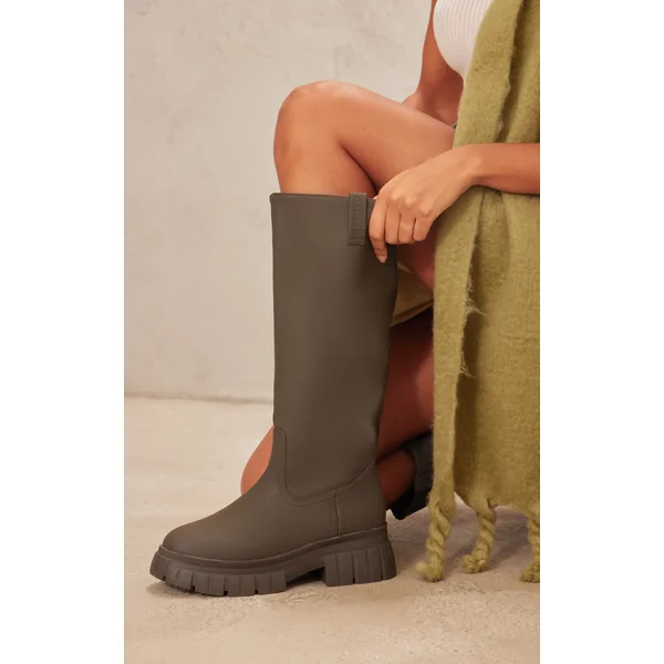 Khaki Wide Fit Pu Slip On Knee High Boots