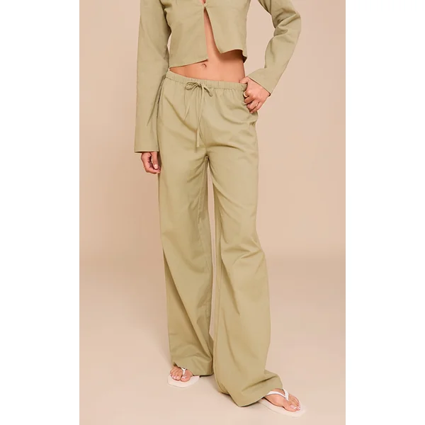 Khaki Wide Leg Drawstring Pants