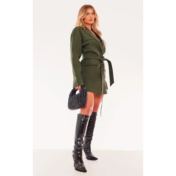 Khaki Woven Button Belted Blazer Dress