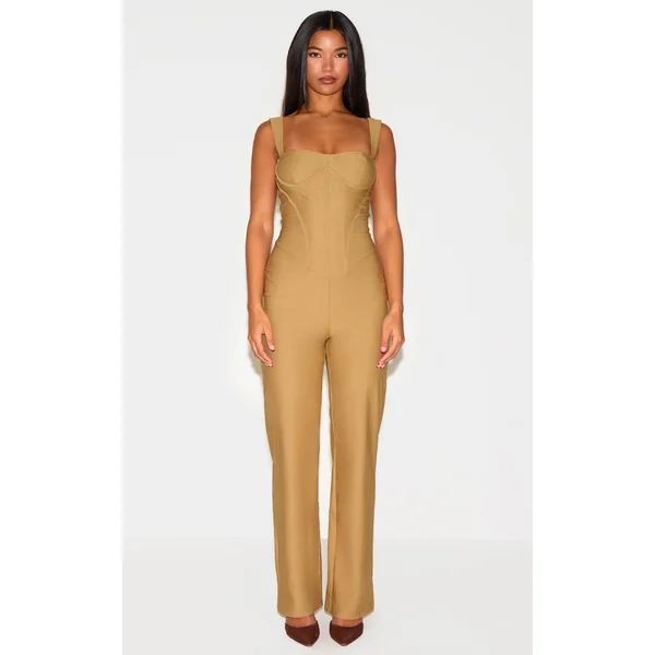 Khaki Woven Corset Binding Strappy Straight Leg Jumpsuit