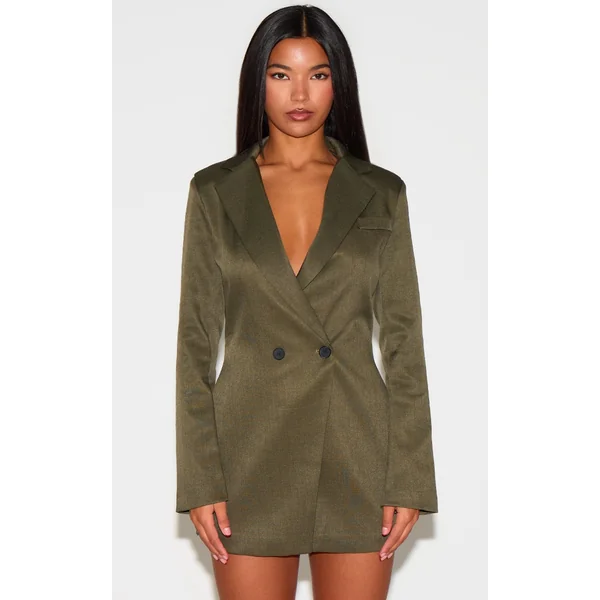 Khaki Woven Double Breasted Cinched Waist Blazer Dress