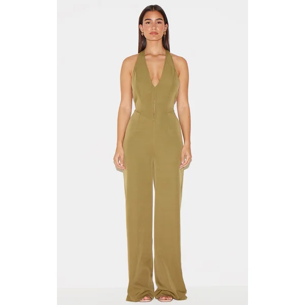 Khaki Woven Halter Neck Hook And Eye Detail Wide Leg Jumpsuit