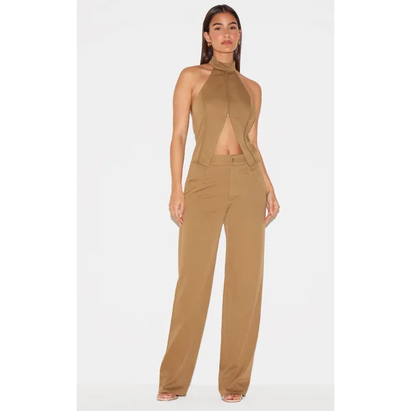 Khaki Woven High Neck Zip Detail Straight Leg Jumpsuit