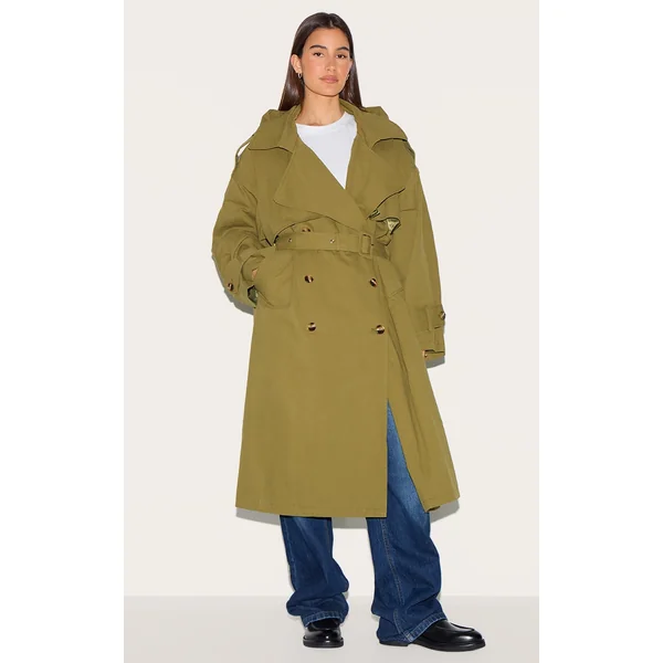 Khaki Woven Hooded Oversized Trench Coat