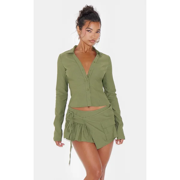 Khaki Woven Long Sleeve Cargo Shirt